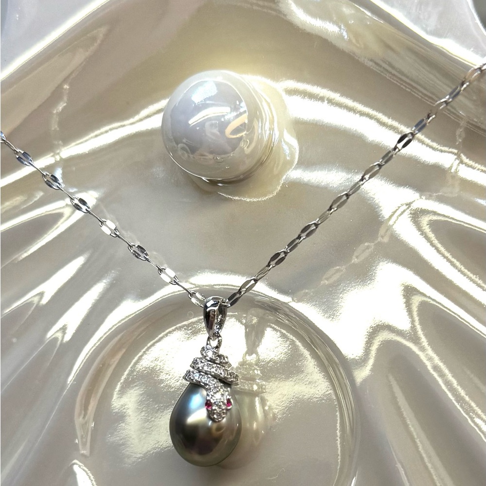 NPT12 Tahitian FLAWLESS Teardrop OMBRÉ 10.9mm Pearl SNAKE Pendant 18KWGold S925 - Picture 8 of 9